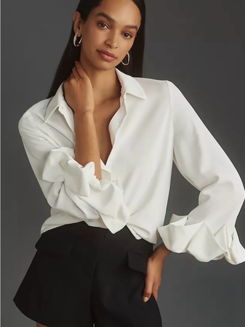 Endless Rose White Ruffle-Cuff Button Front Blouse